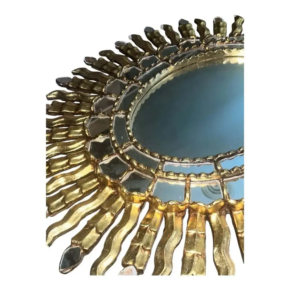Vintage Gold Gilt Wood Sunburst Wall Mirror with Oval Center